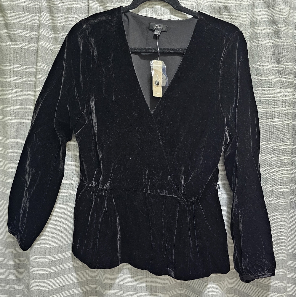 J CREW Velvet Shirt Empire Waist Black V-Neck Wrap Size 12